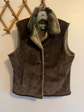 Eddie Bauer Brown Suede Faux Fur Lined Vest, Size M
